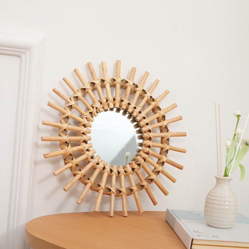 Rattan Mirror Round - Espejo de pared de ratán bohemio,