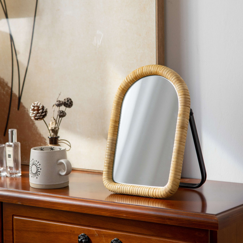 Rattan Mirror Round - Mesa de maquillaje con soporte de