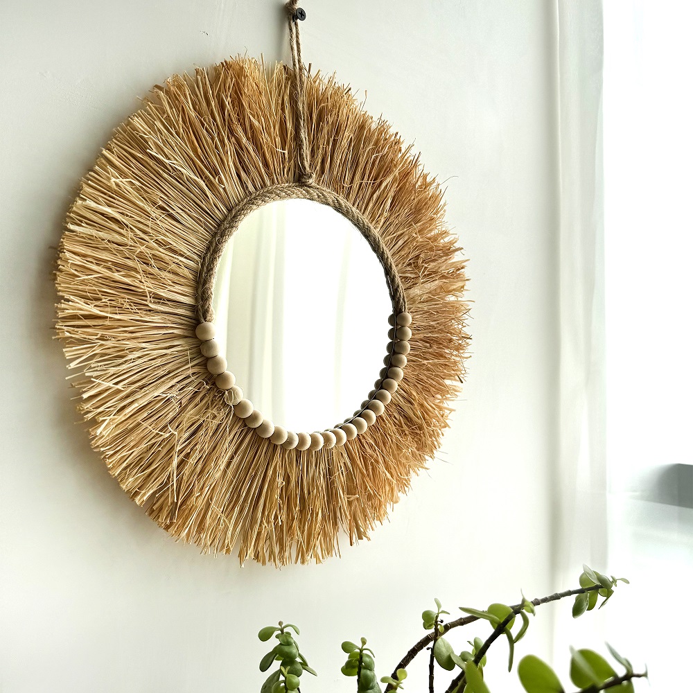 Espejo de rafia bohemio hecho  - Rattan Mirror Round reseña y precio